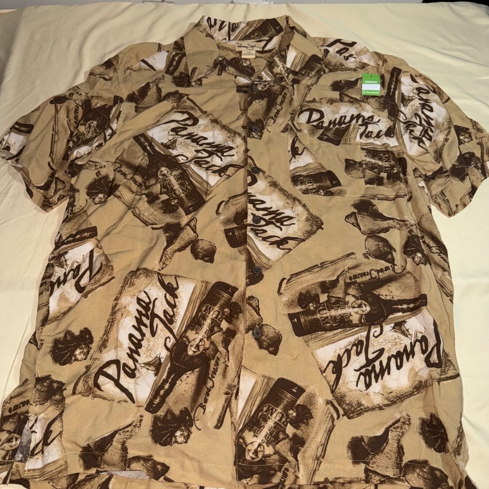 Panama Jack Mens Large Tan Rum Bottle Treasure Map Rayon Hawaiian Camp Shirt
